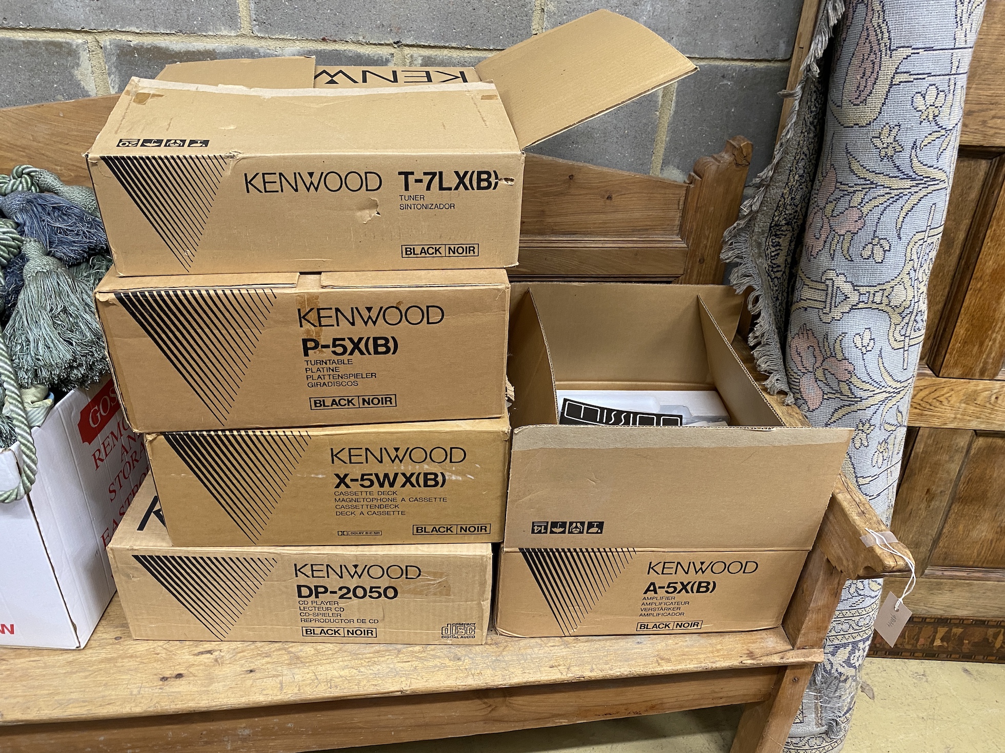 A boxed Kenwood, tuner, turntable, cassette deck, CD player and amplifier.